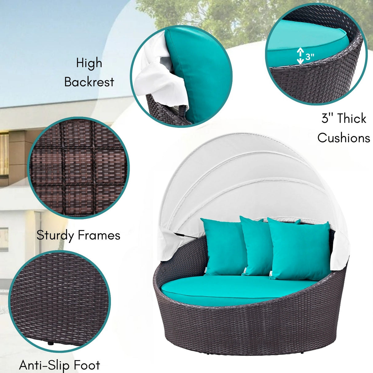 Outdoor Rattan Wicker Patio Daybed with Retractable Canopy