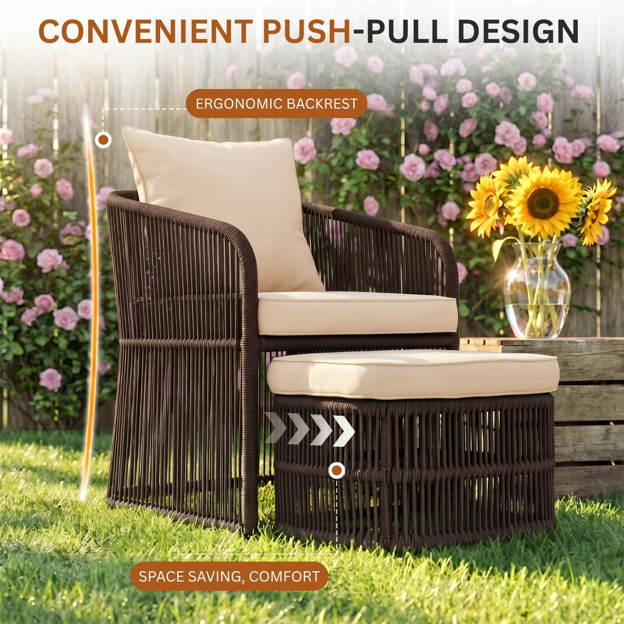 Outdoor 5 Piece Rope Patio Chair Ottoman Set (Brown & Cream)