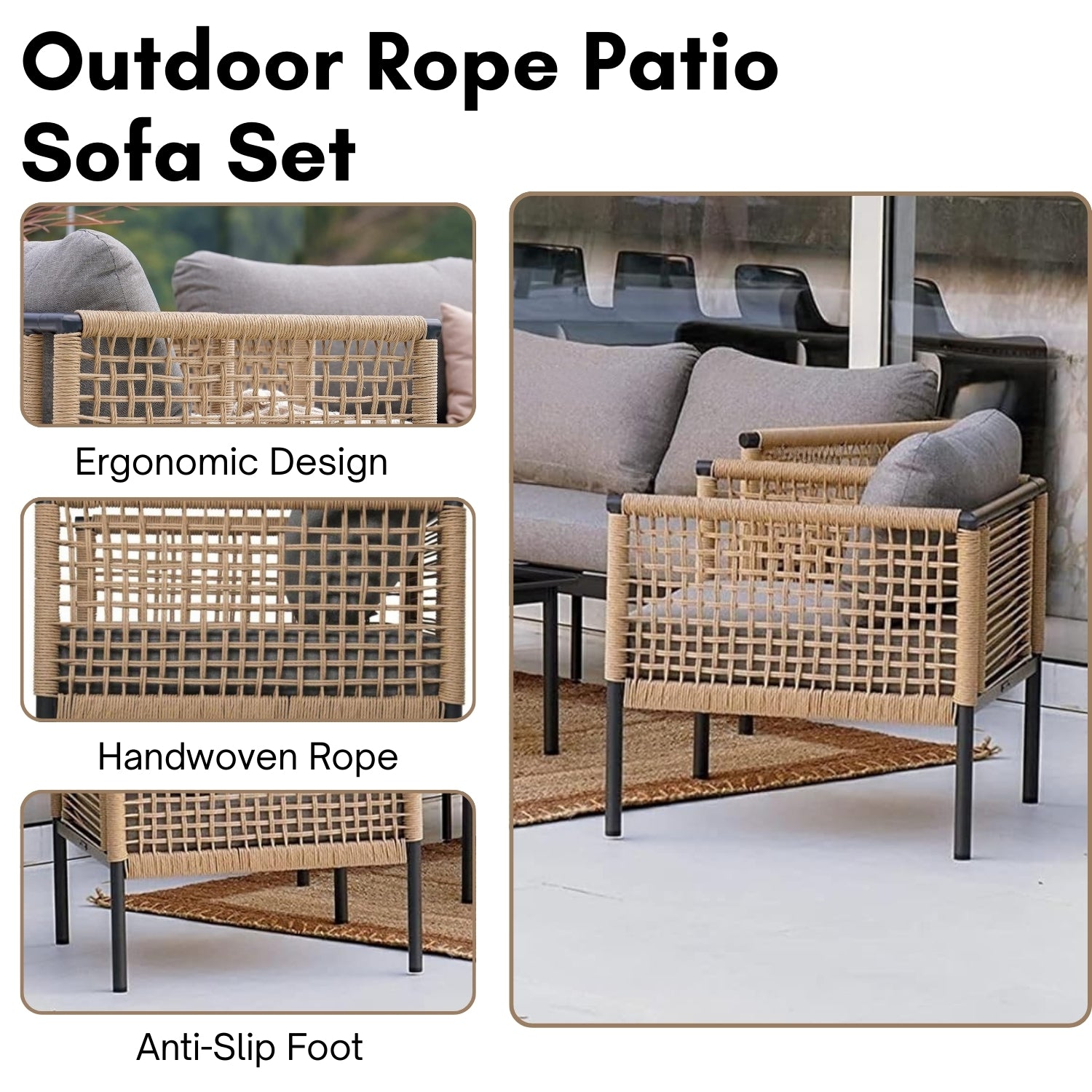 Outdoor Rope 4 Piece Sofa Set (Beige & Grey)