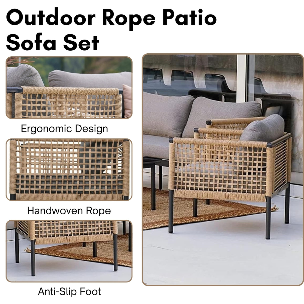 Outdoor Rope 4 Piece Sofa Set (Beige & Grey)