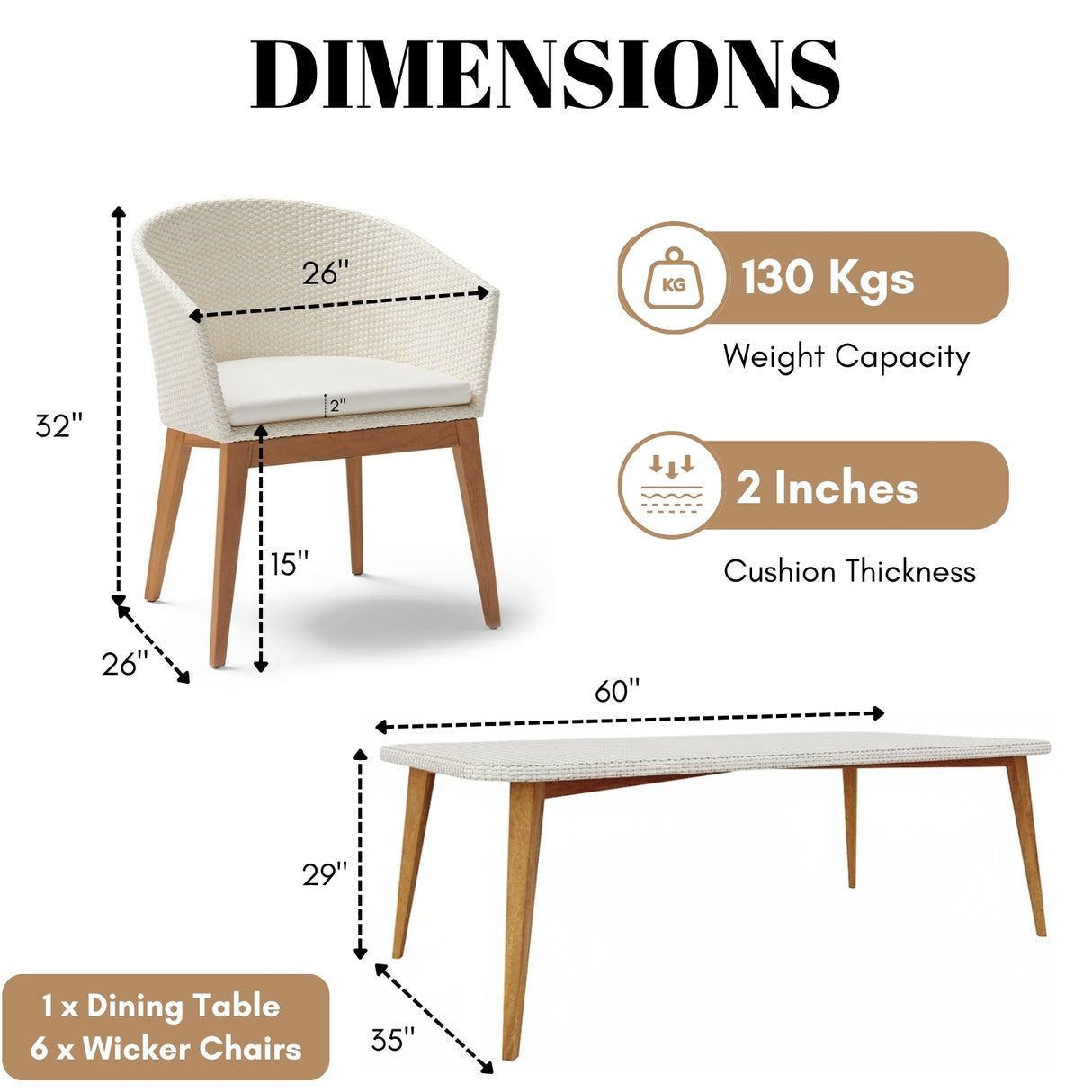 Outdoor All-Weather Resistant Rattan Wicker 7-Piece Dining Set (White)