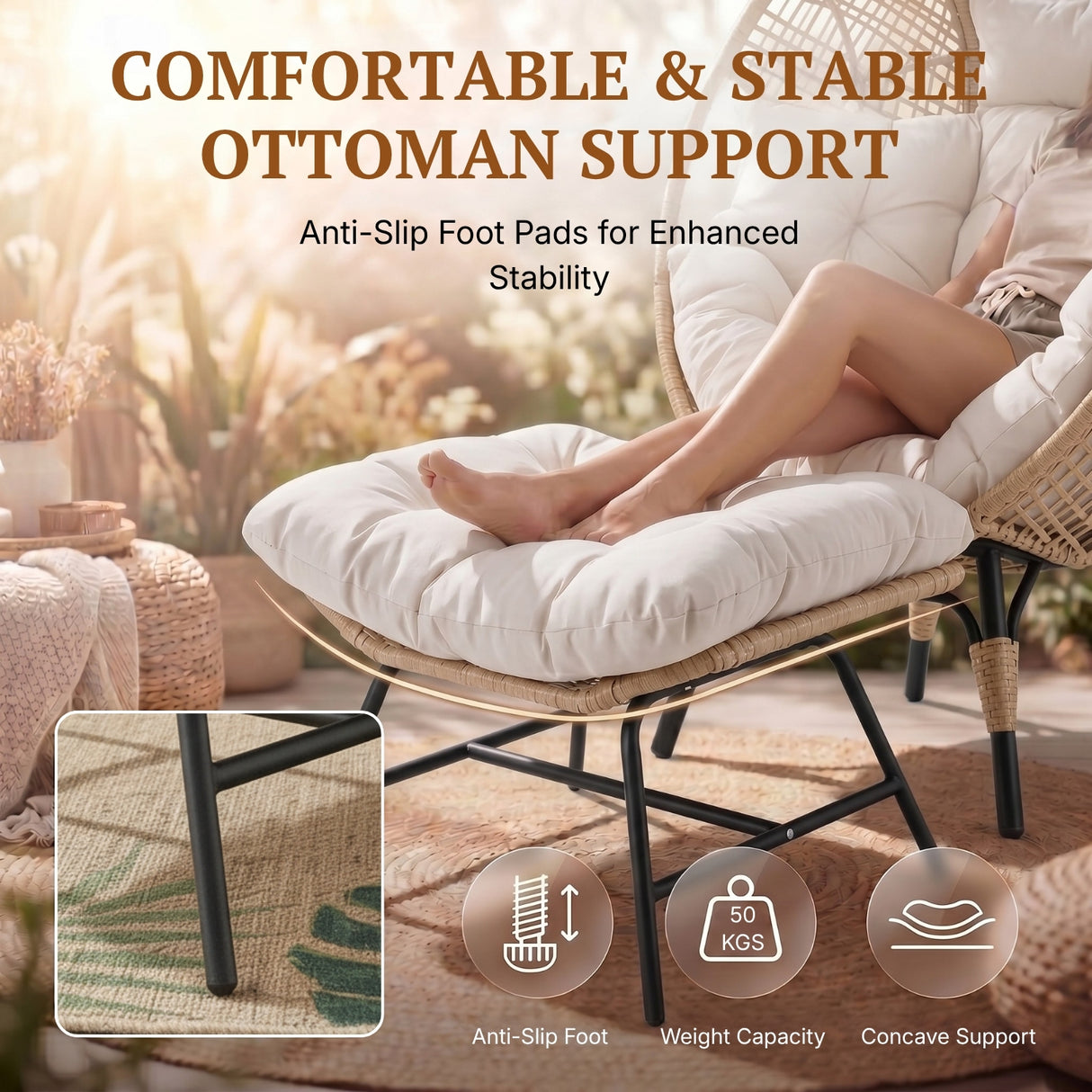 4-Piece Outdoor Wicker Egg Chair Set with Ottomans (Beige & Off-White)