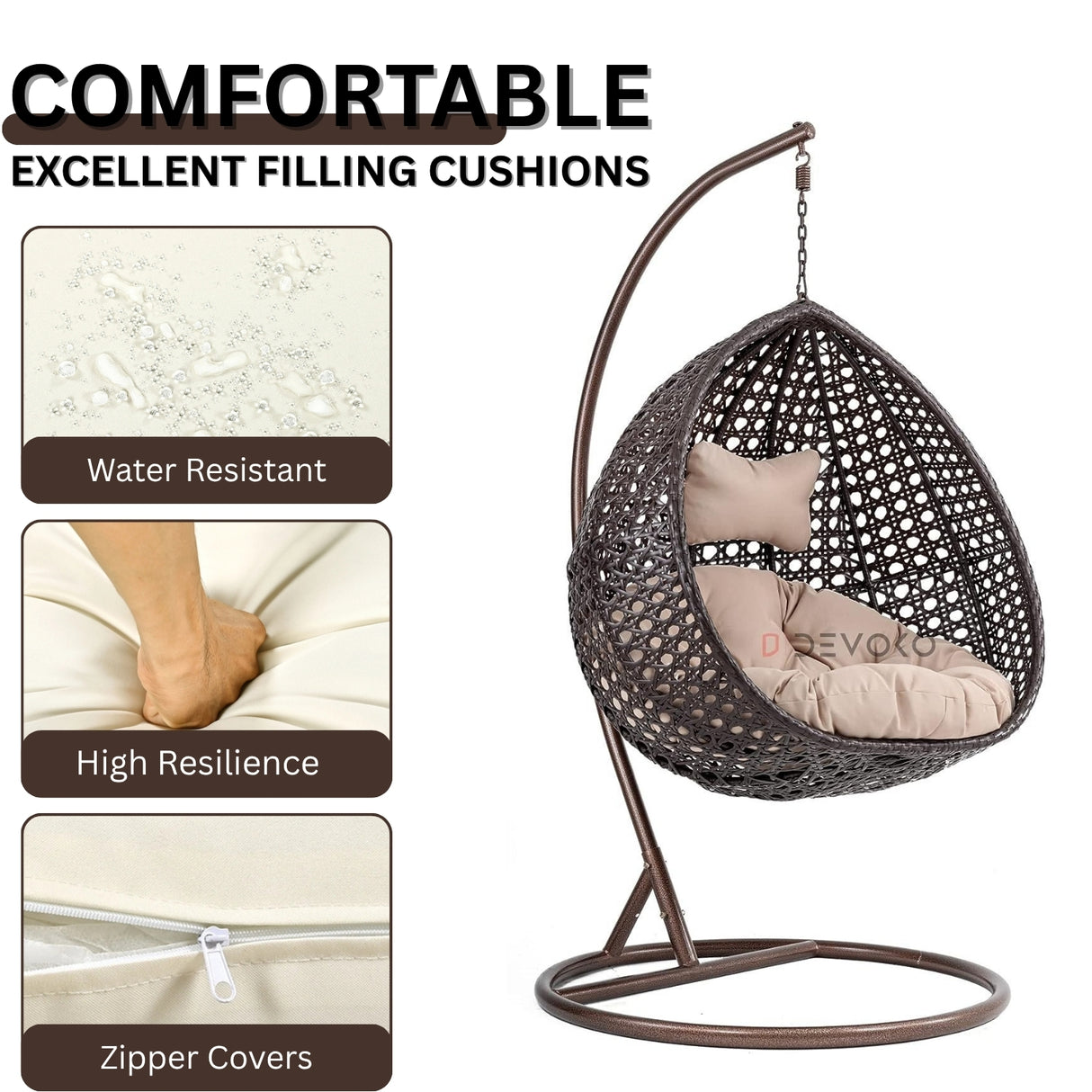 Single Seater Rattan & Wicker Swing (Dark Brown and Cream)