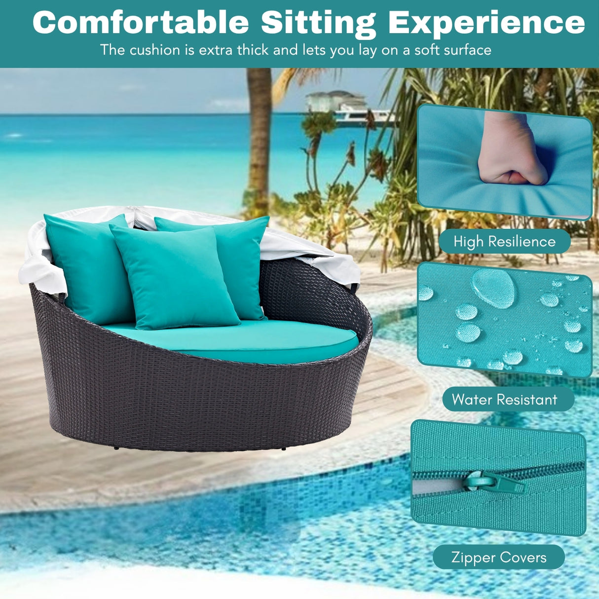 Outdoor Rattan Wicker Patio Daybed with Retractable Canopy