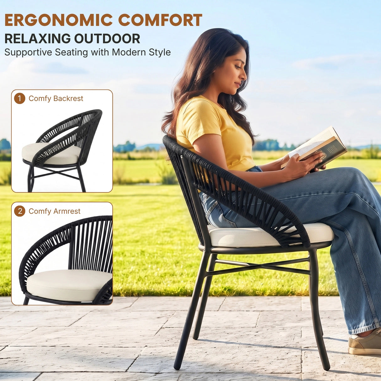 Outdoor 4-Seater Patio Rope Conversation Set (Black & Off-White)