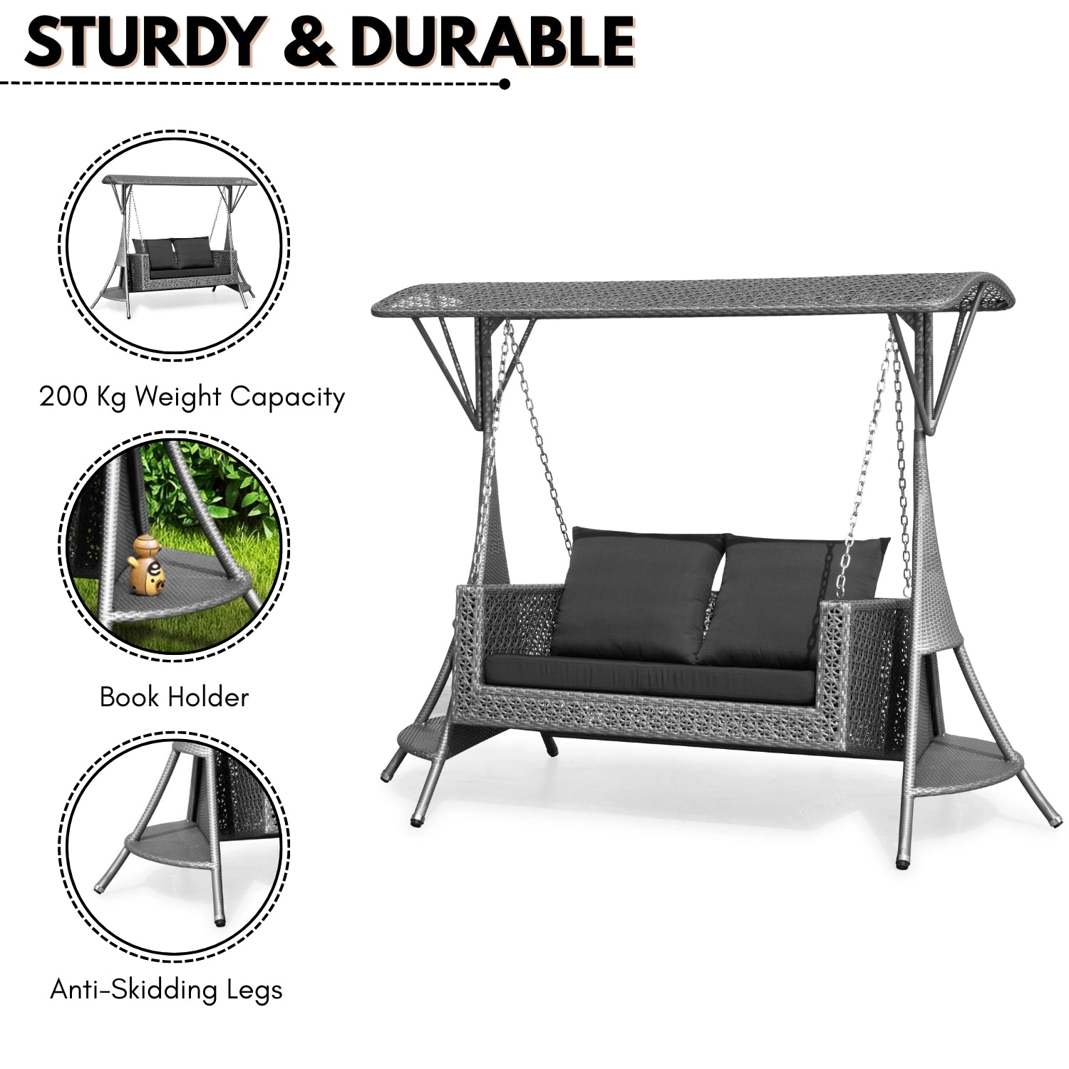 Outdoor Rattan Wicker 2-Seat Patio Swing Chair with Shade & Cushions