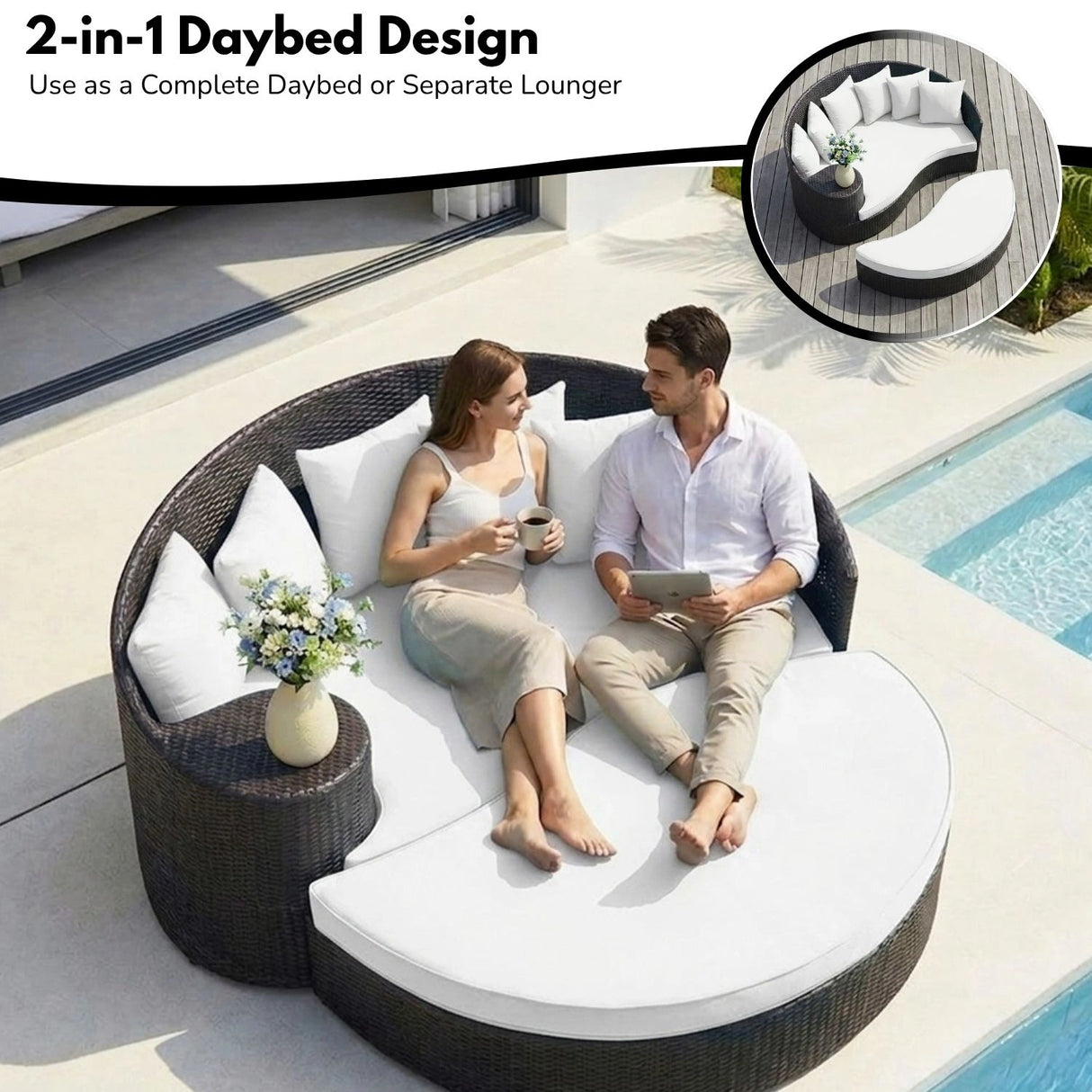 Outdoor Rattan Wicker Daybed (Dark Brown & White)