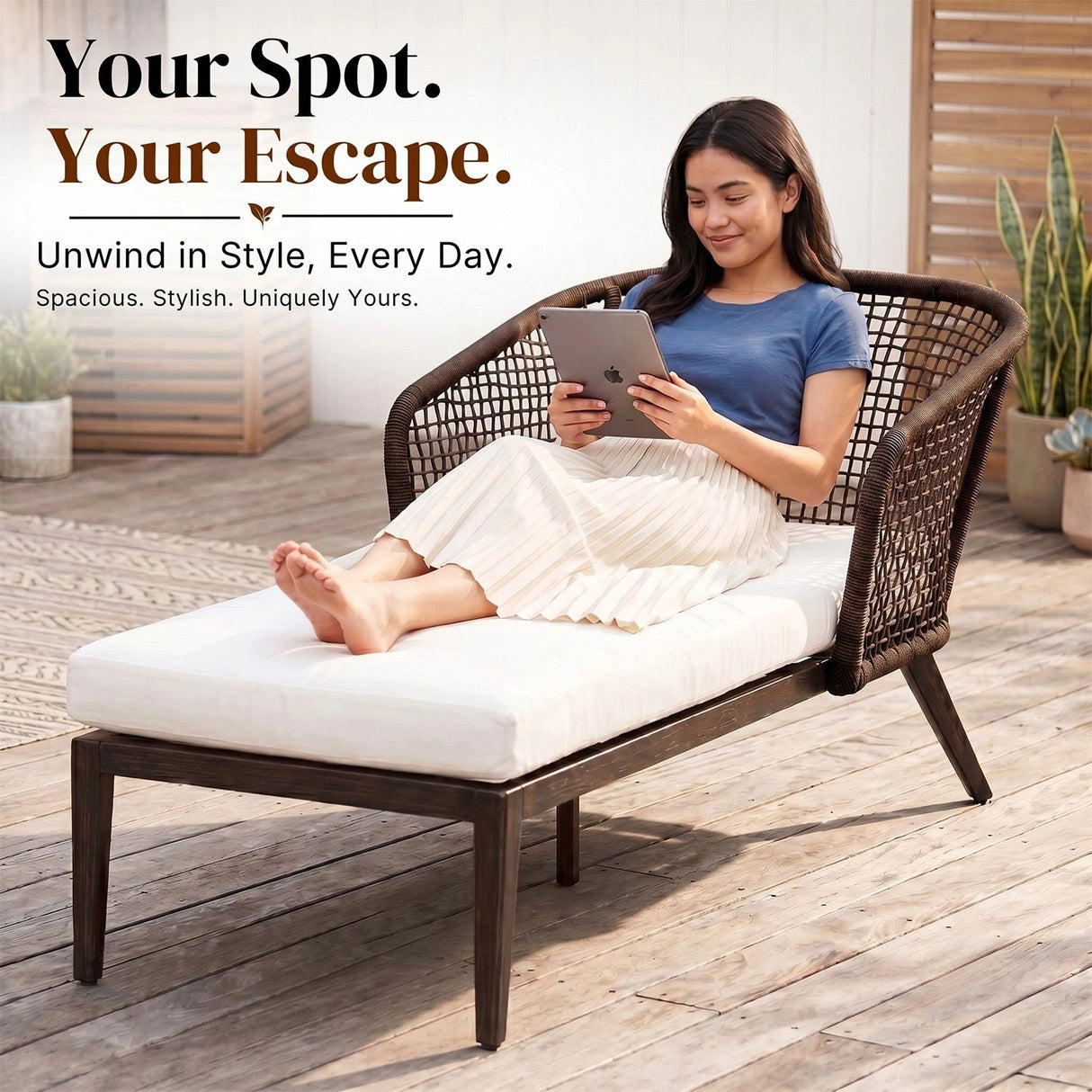 Outdoor Single Seater Patio Daybed with Handwoven Rope