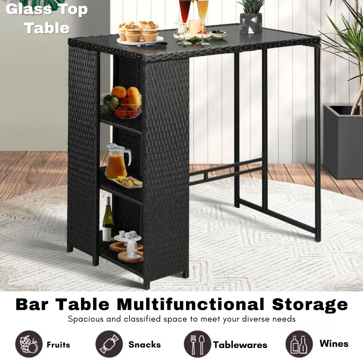 3-Piece Outdoor Rattan Wicker Bar Set with Glass Top Table