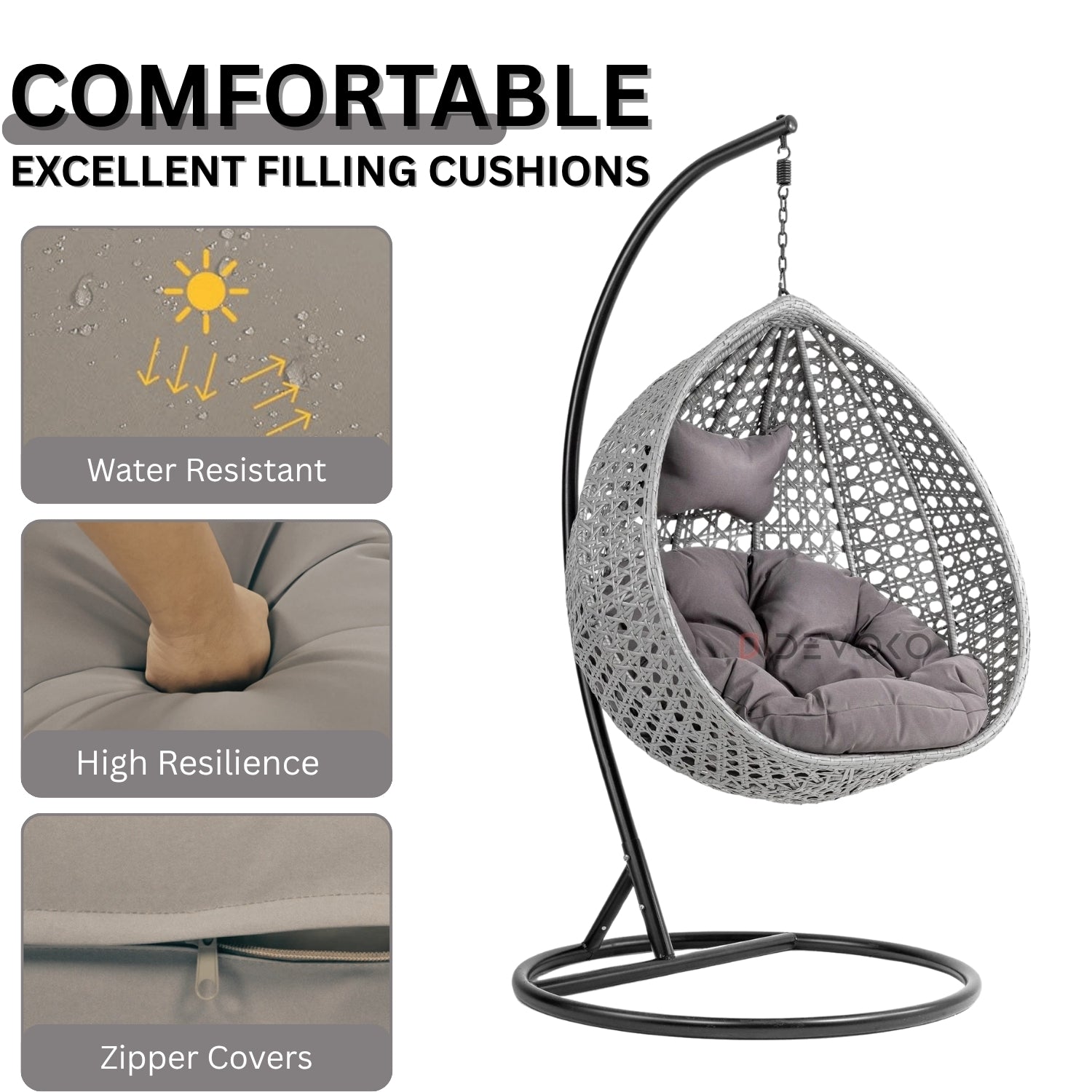 Single Seater Rattan & Wicker Swing (Grey)