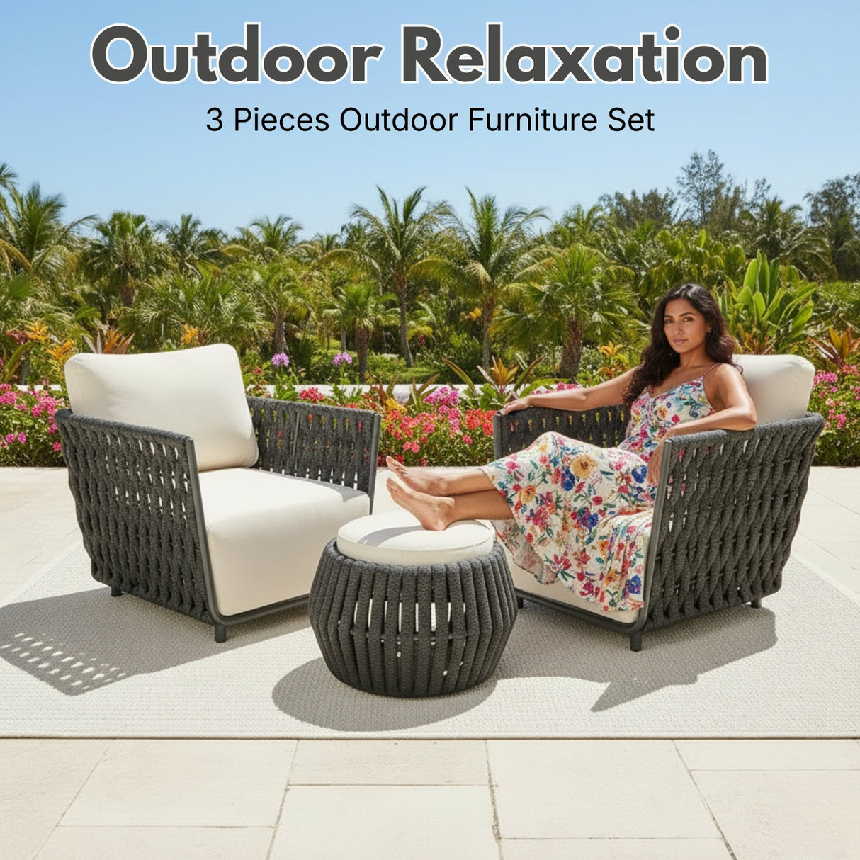 Outdoor Rope 3-Piece Patio Sofa Set (Grey & Off-White)
