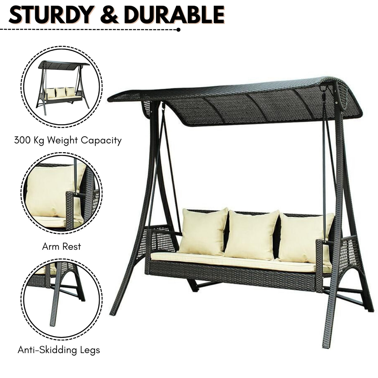 All-Weather Outdoor Rattan Wicker 3-Seat Patio Swing Chair with Shade