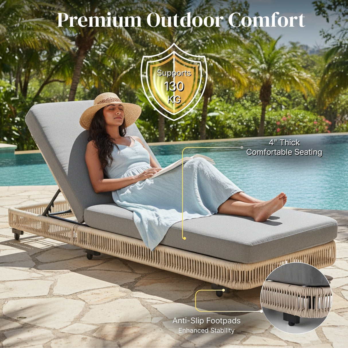 Outdoor Rope Lounger Set of 2 with Adjustable Backrest (Beige & Grey)