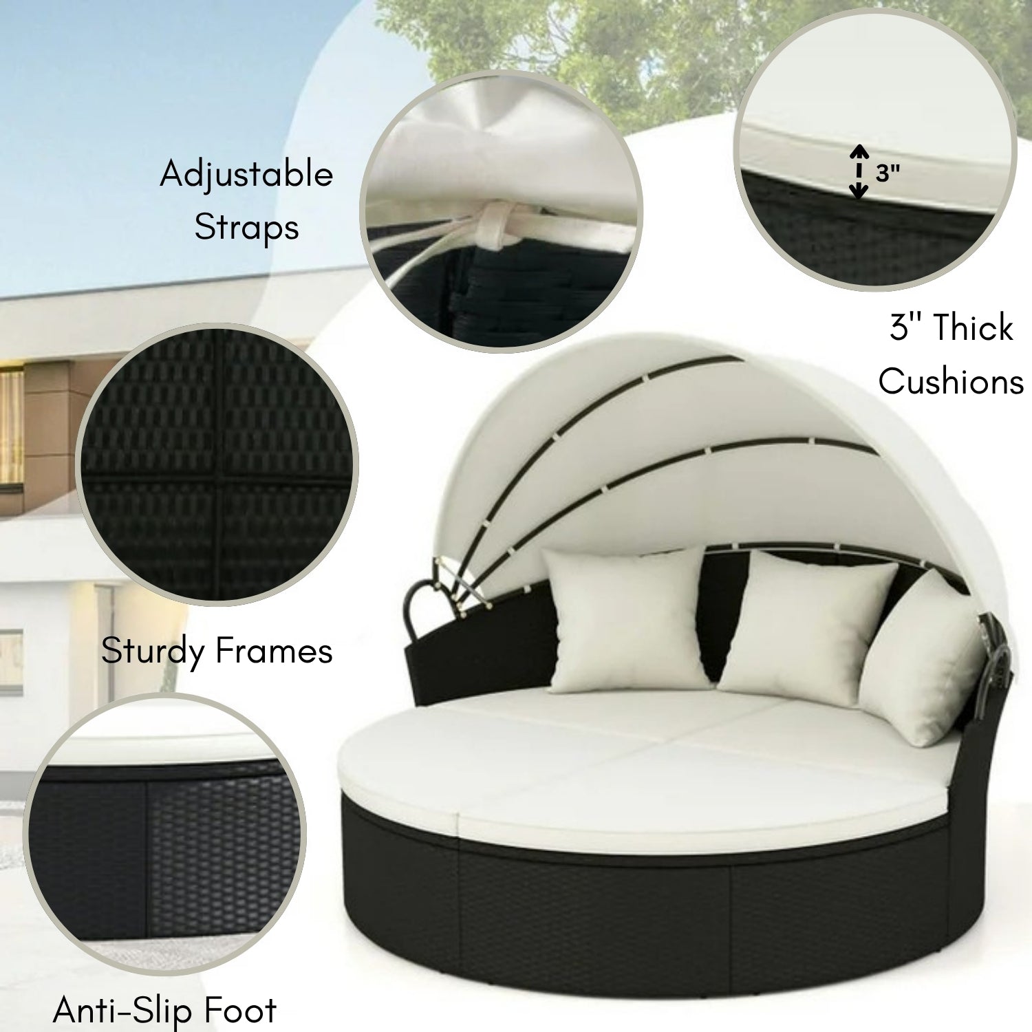 Outdoor Round Canopy Daybed Wicker Patio Furniture Set with Cushions