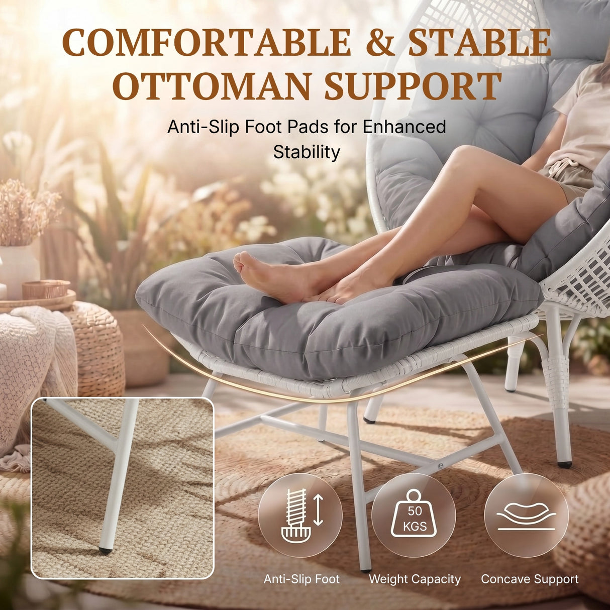 4-Piece Outdoor Wicker Egg Chair Set with Ottomans (White & Grey)