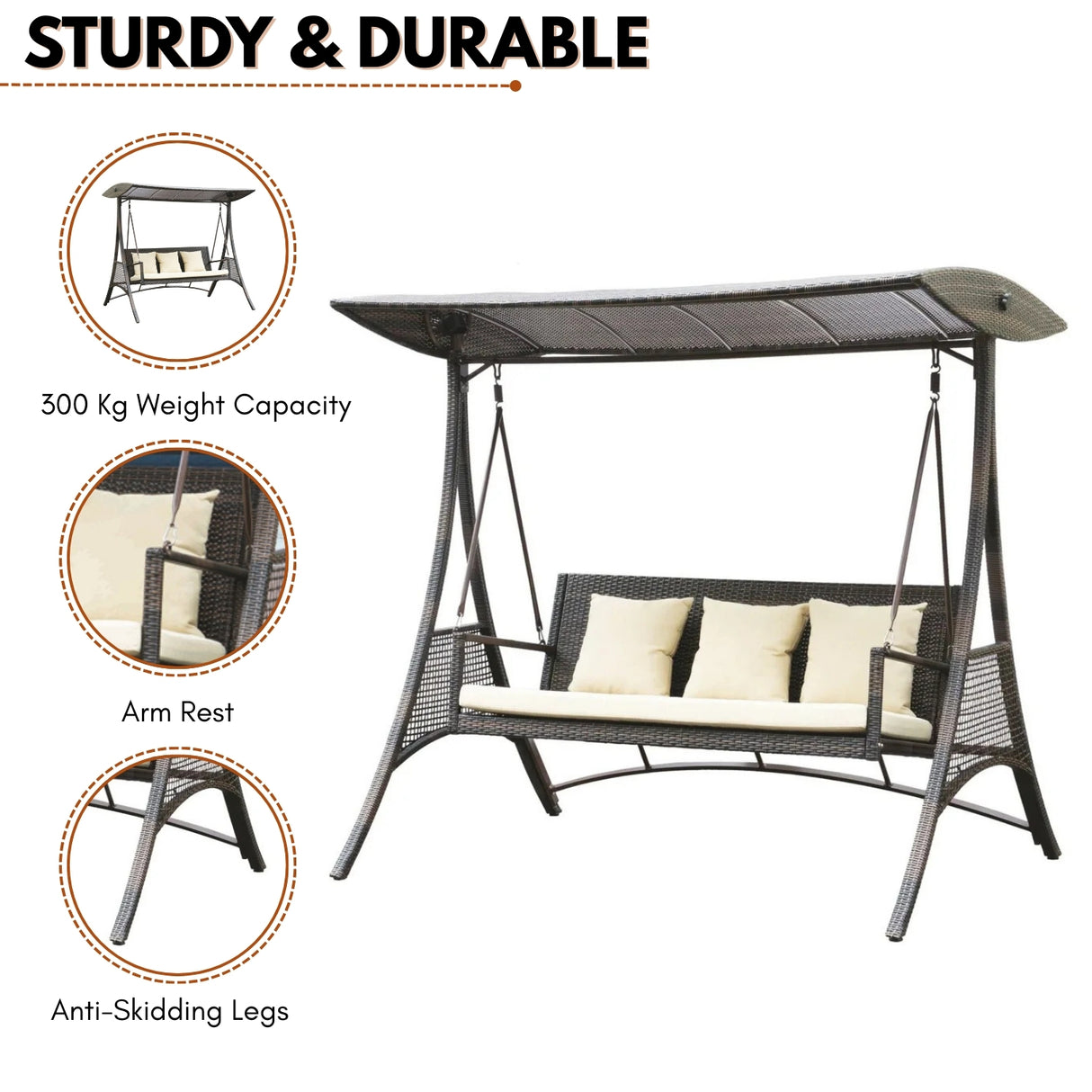 Outdoor Rattan Wicker 3-Seat Patio Swing Chair with Shade & Cushions