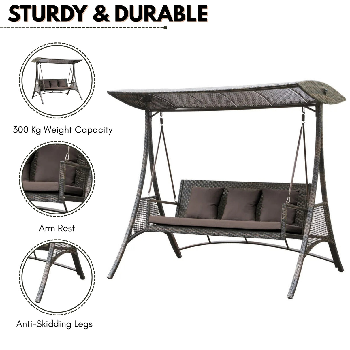 Outdoor Rattan Wicker 3-Seat Patio Swing Chair with Shade