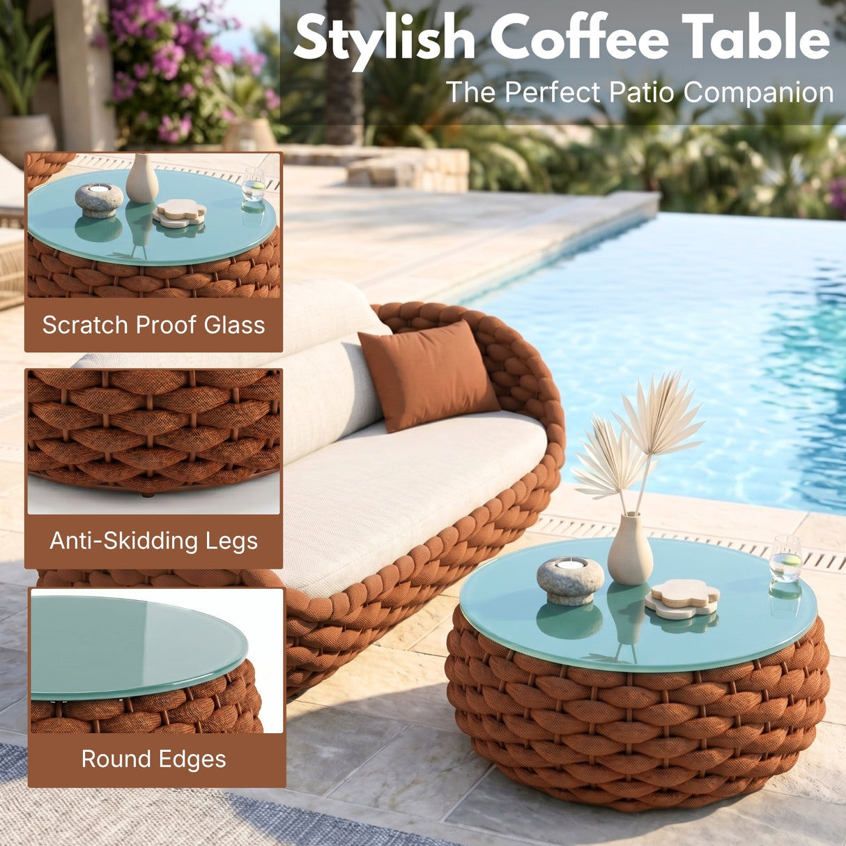 Outdoor Rope 5-Seater Sofa Set with Glass Top Center Table (Brown & Off-White)