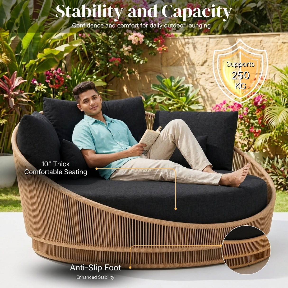 Modern Curved Patio Outdoor Rope Daybed (Beige & Black)