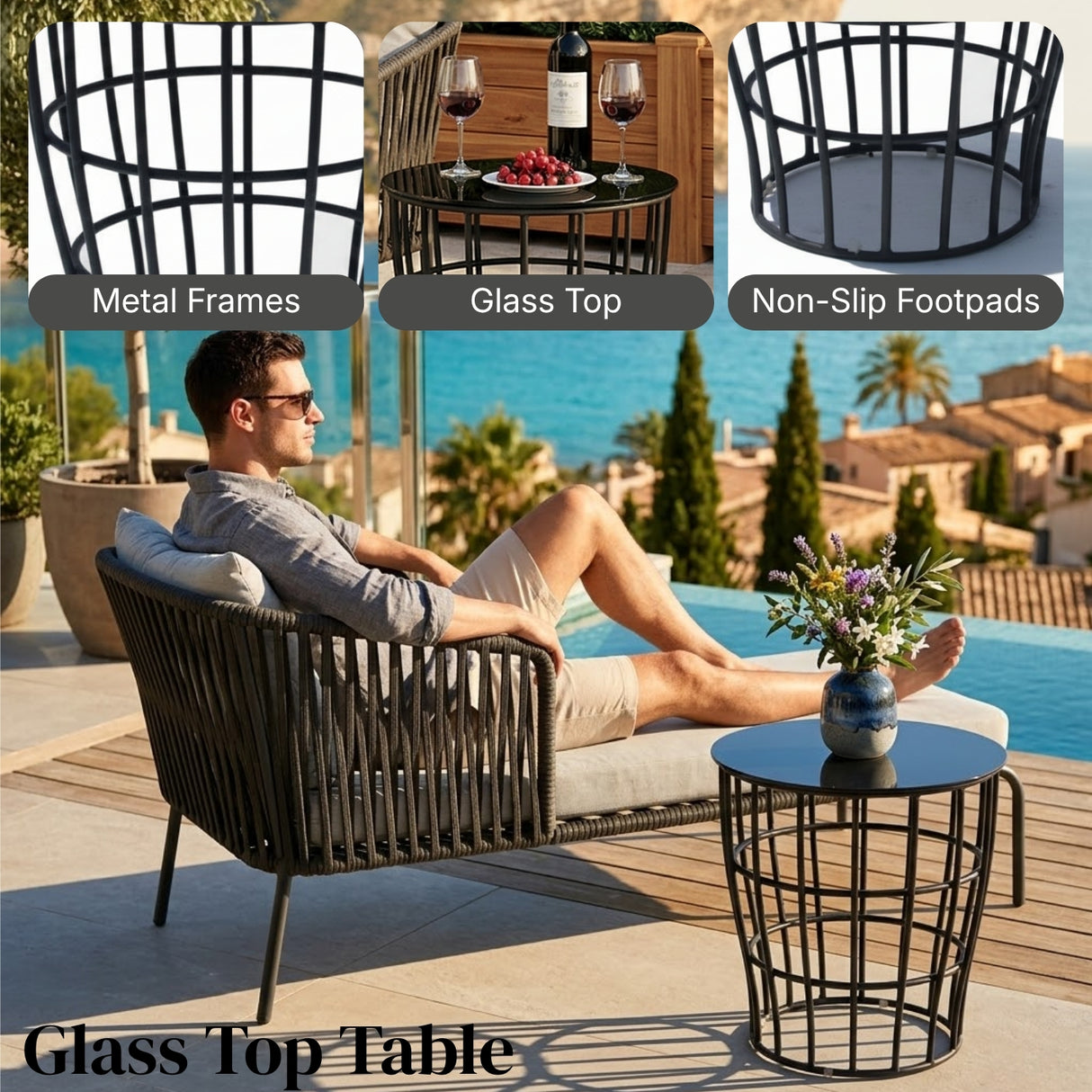 Outdoor All-Weather Resistant Rope Lounger Set (Grey)