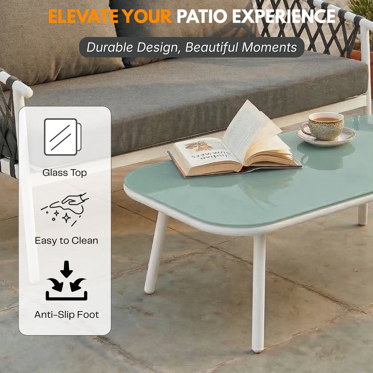 4-Piece Outdoor Rope Sofa Set With Glass Top Table (Grey)