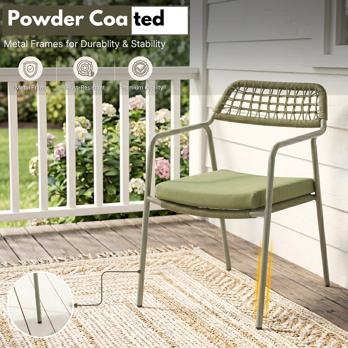 Outdoor Rope Dining Chair with Cushion (Green)