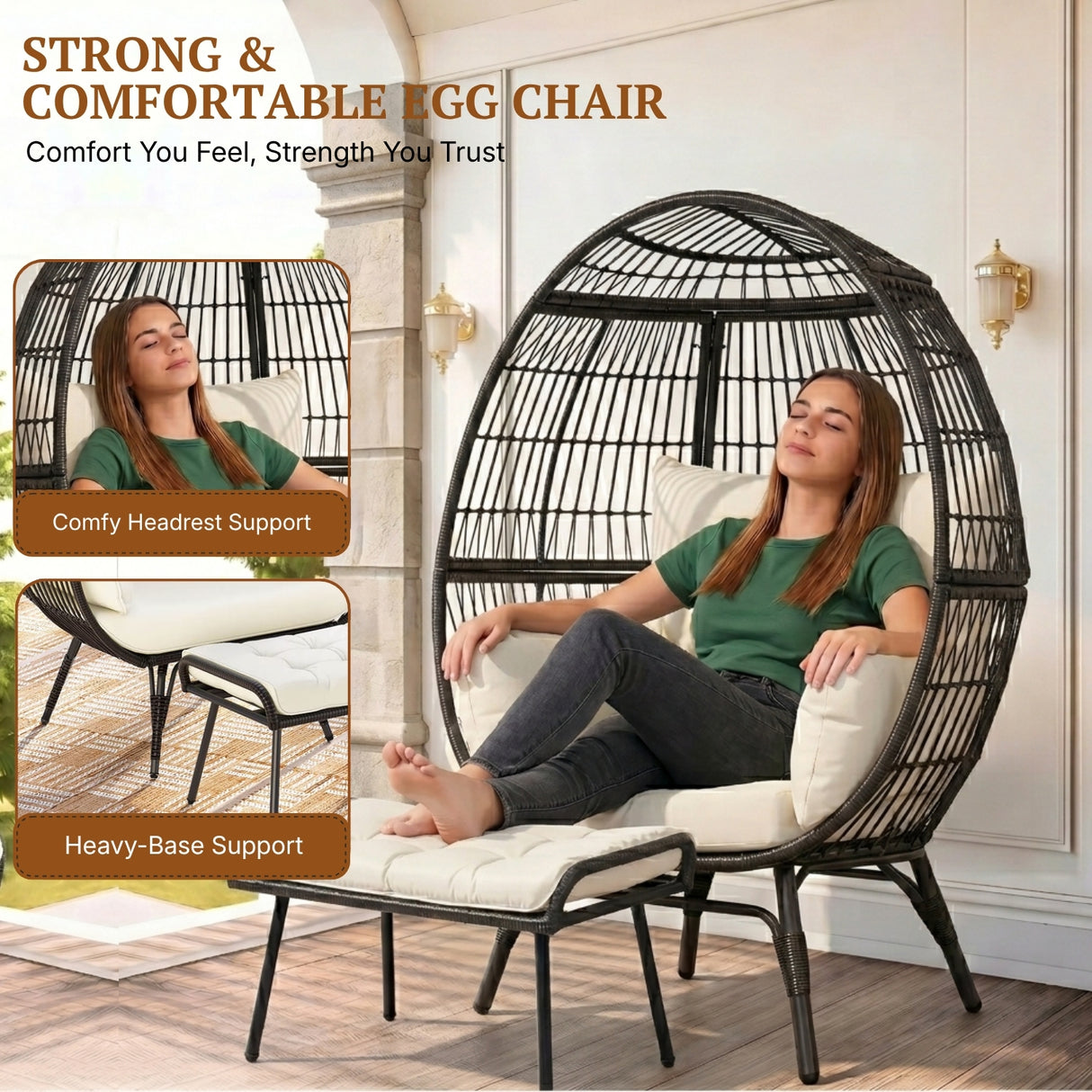 Outdoor Wicker Egg Chair with Ottoman (Black & Off-White)