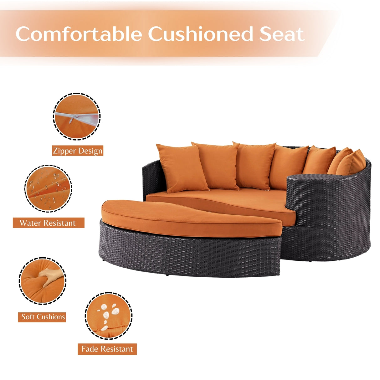 Outdoor Rattan Wicker Daybed (Dark Brown & Orange)