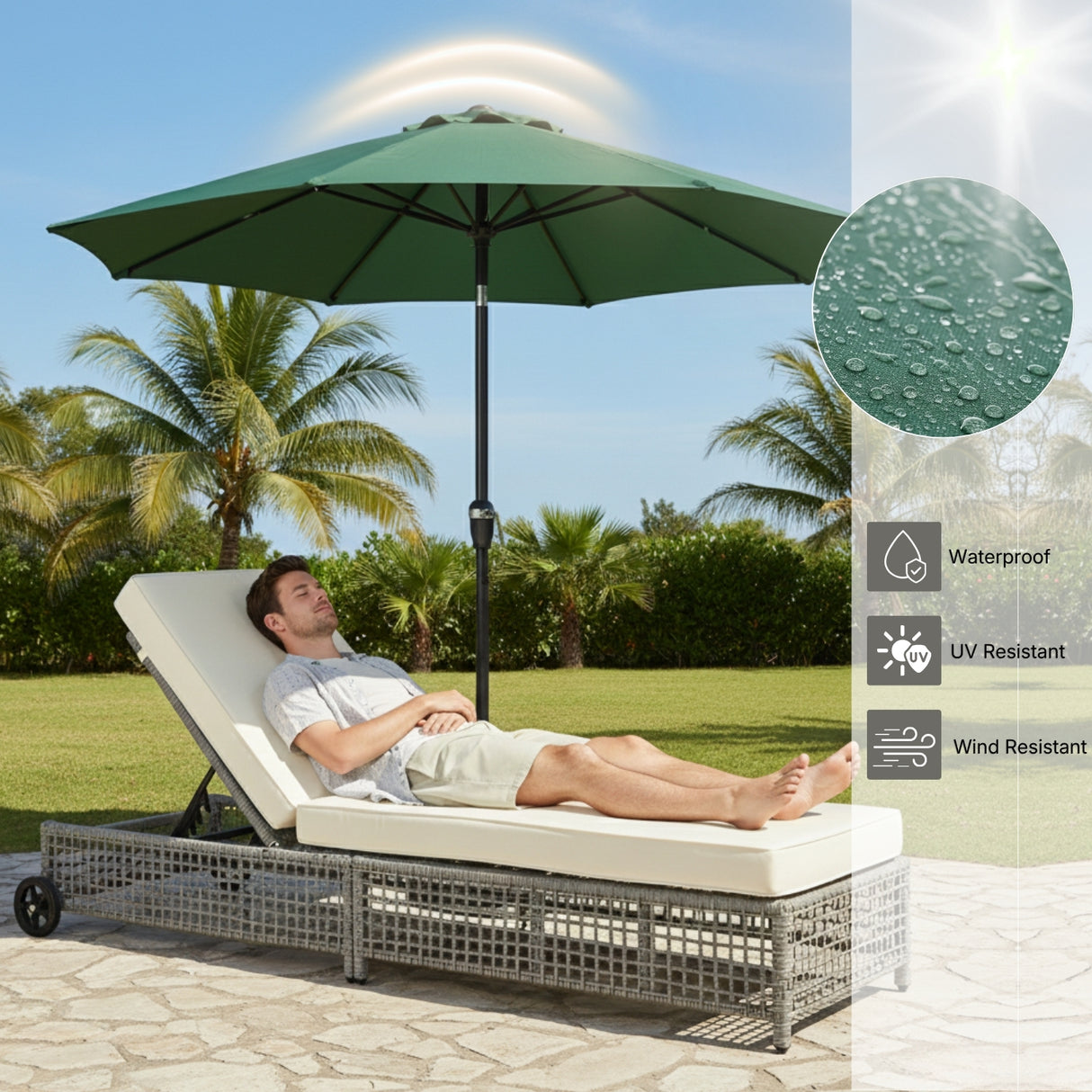 Outdoor Wicker Rattan Lounger Set of 2 with Patio Umbrella (Silver Grey & Off-White)