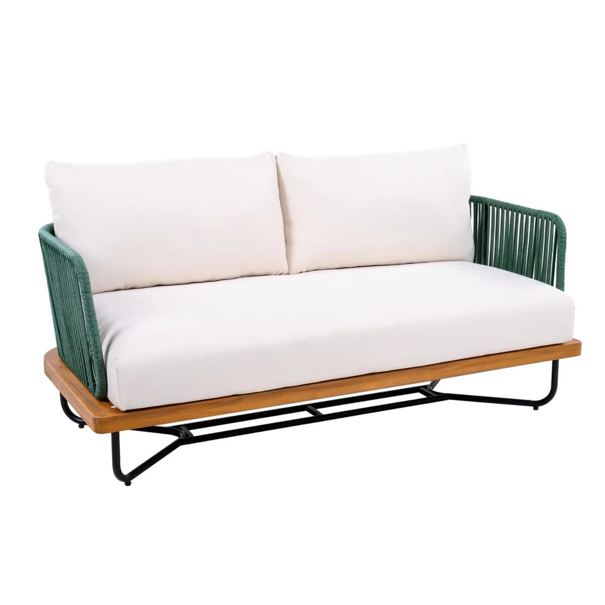 Outdoor Rope 2-Seater Sofa Set with Wooden Base & Slatted Wooden Coffee Table