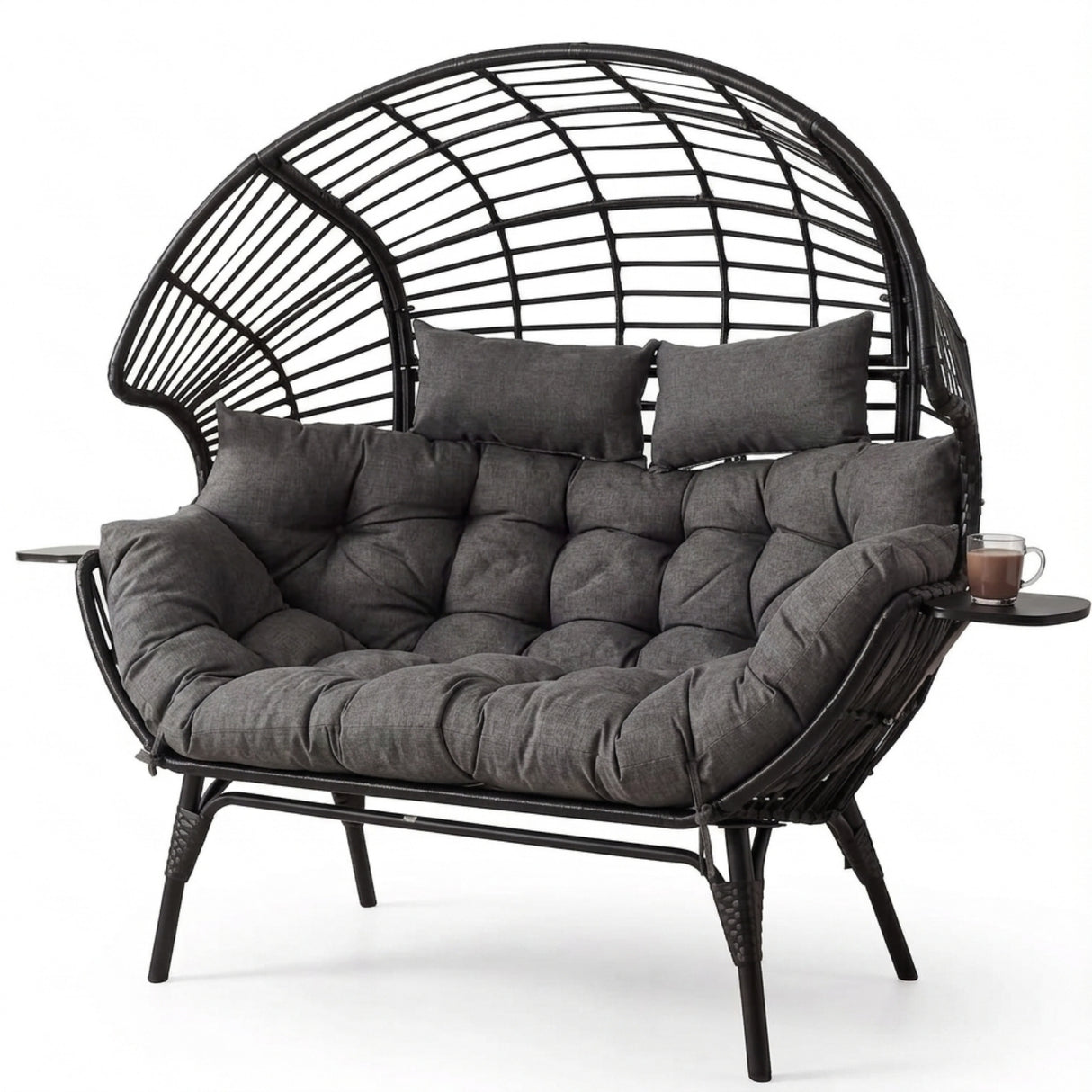 Outdoor Wicker Double Seater Egg Chair with Dual Cup Holders (Black & Dark Grey)
