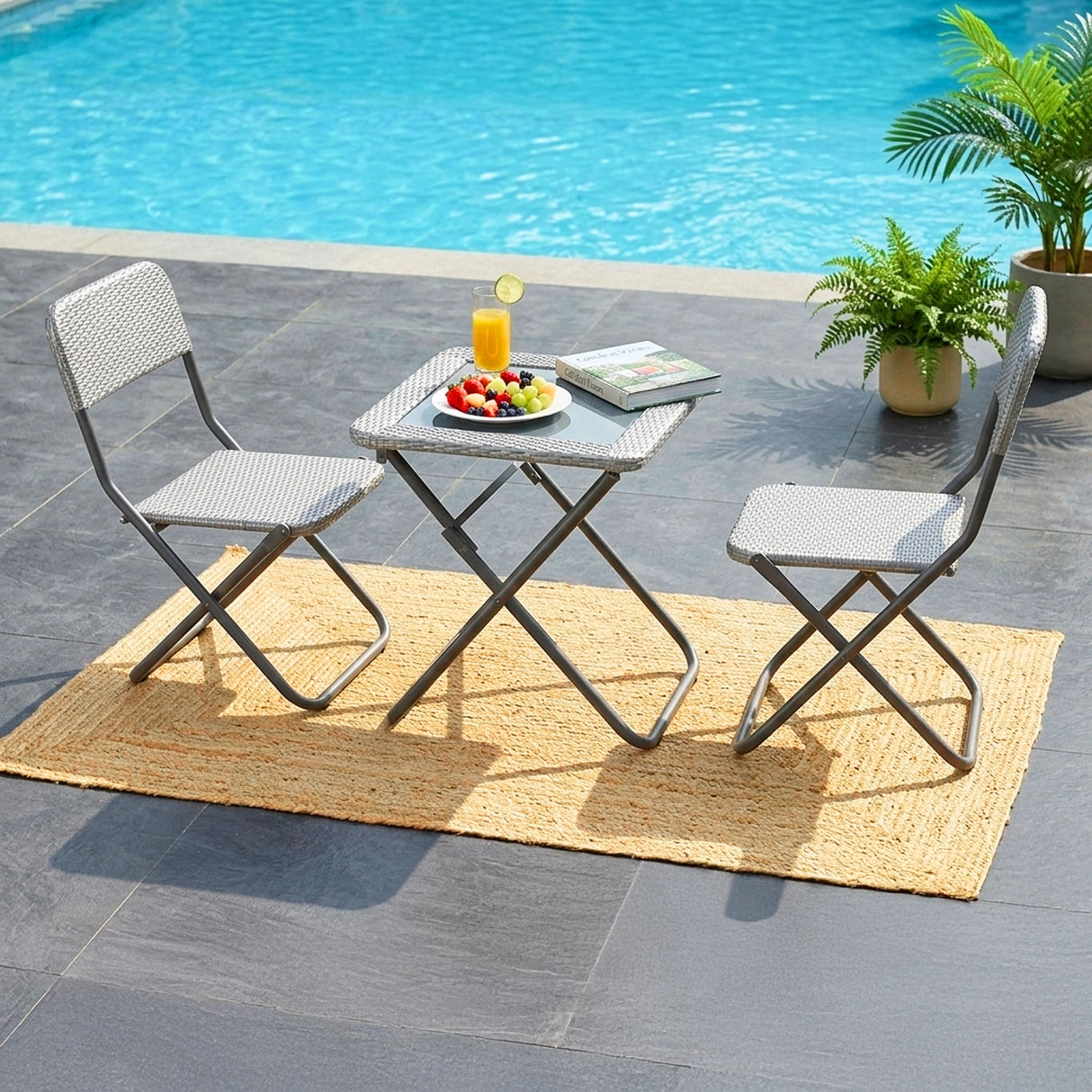 3-Piece Outdoor Wicker Folding Patio Set (Silver)