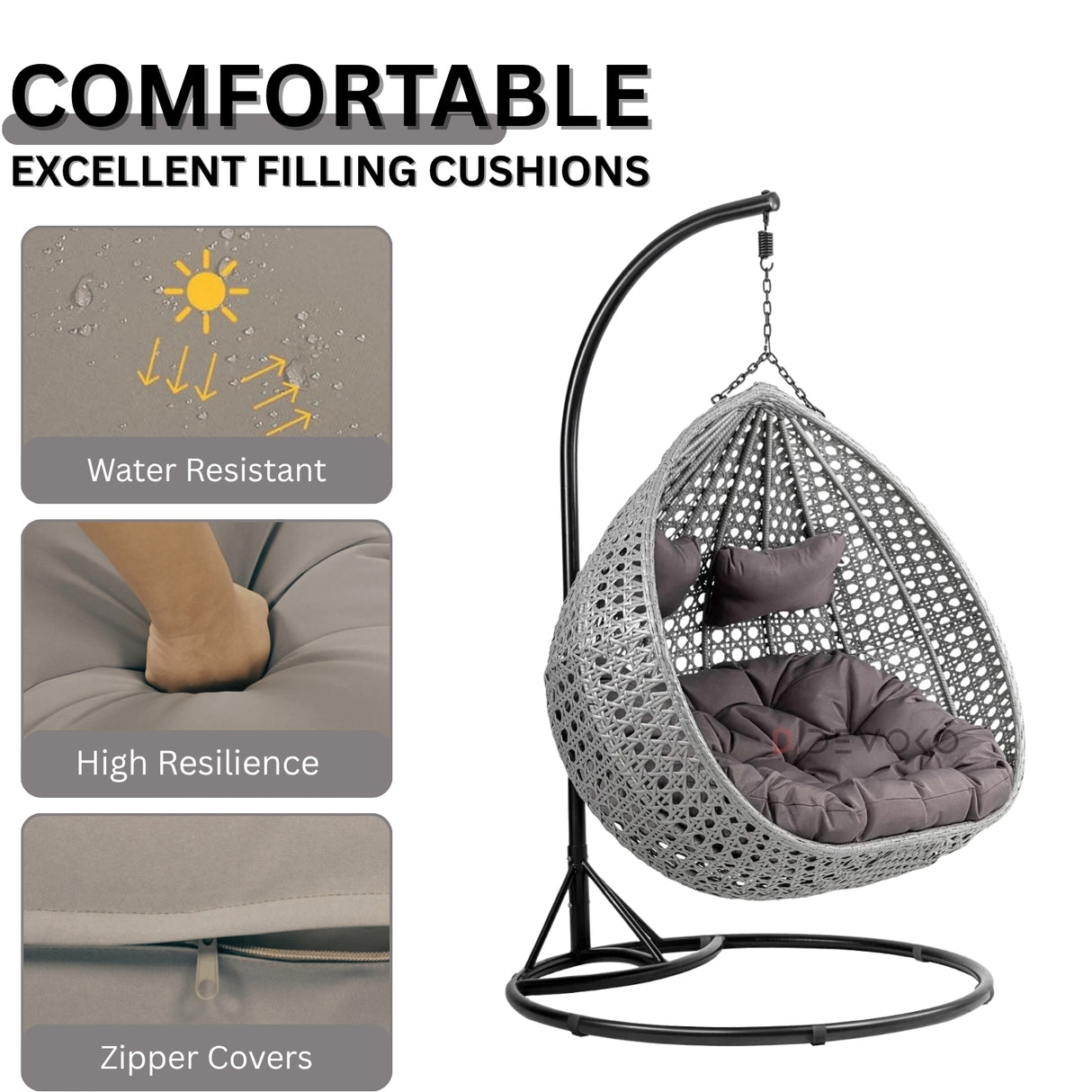 Double Seater Rattan & Wicker Swing (Grey)