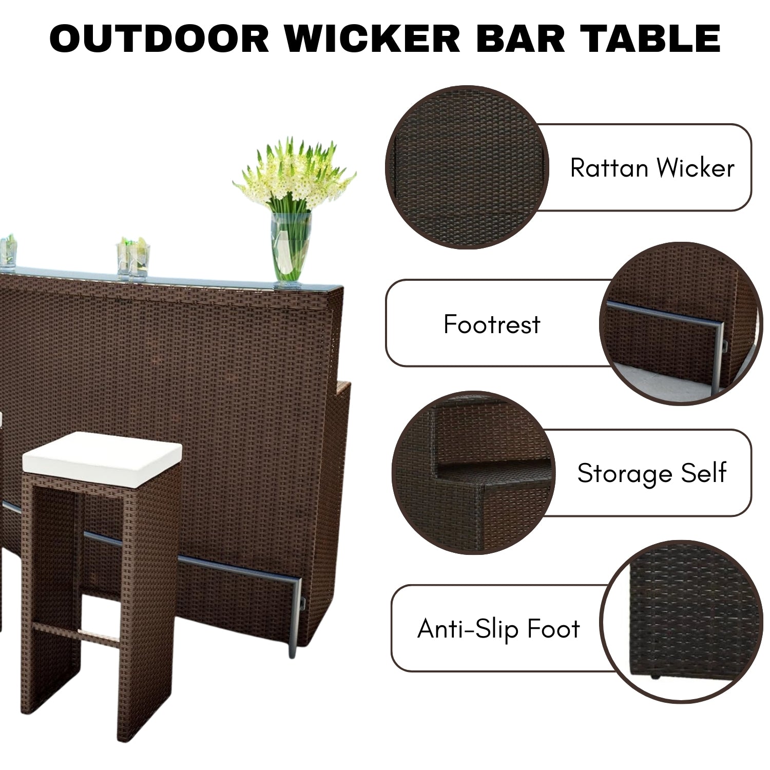 3-Seater Outdoor Rattan Wicker Bar Set