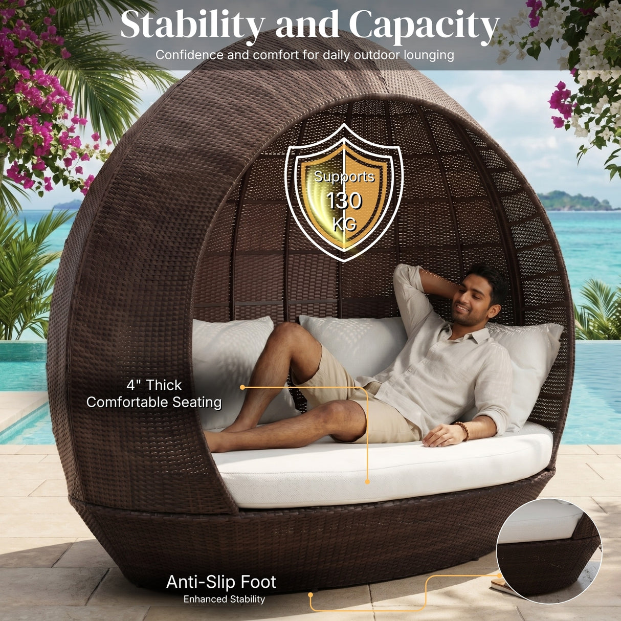 Outdoor Rattan Wicker Egg-Shaped Daybed (Dark Brown Wicker & Off-White)
