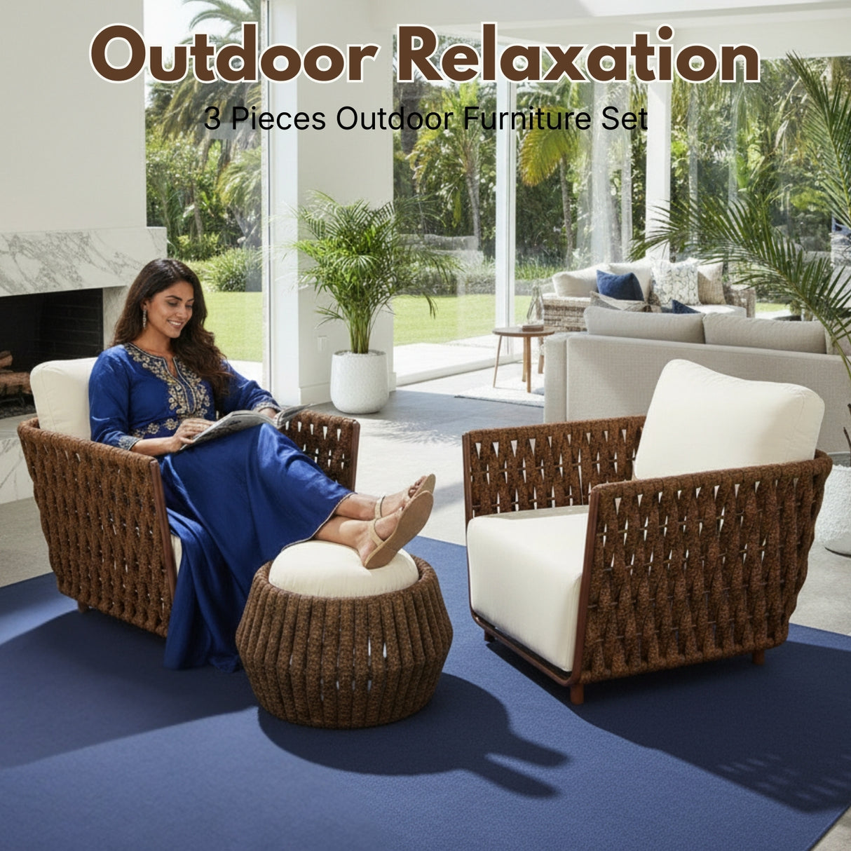 Outdoor Rope 3-Piece Patio Sofa Set (Brown & Off-White)