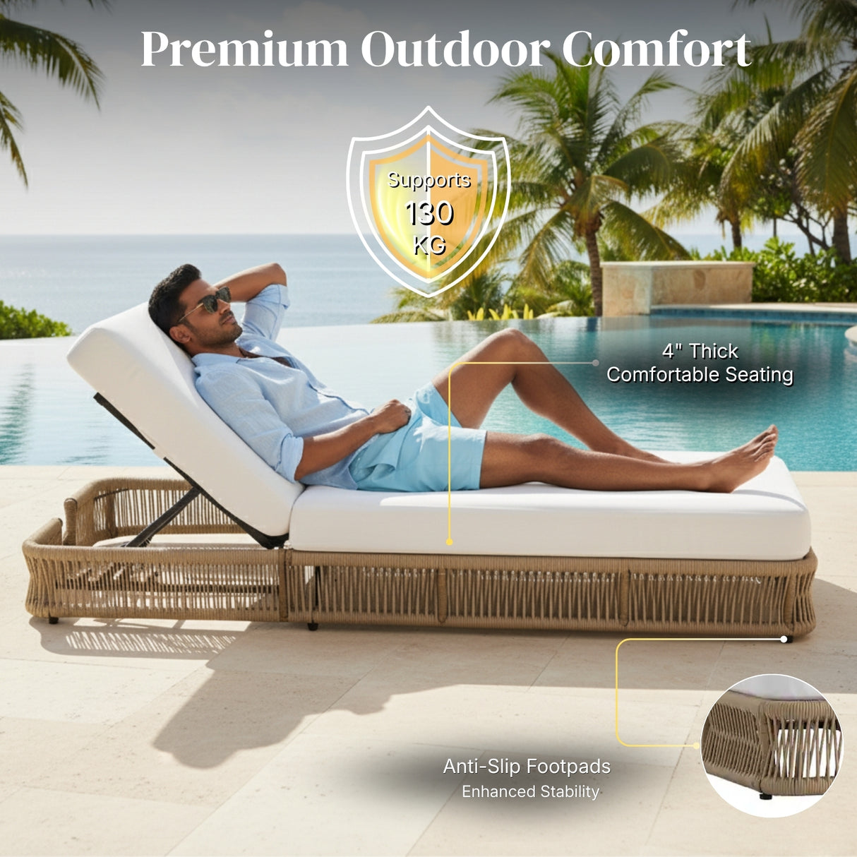 Outdoor All-Weather Rope Lounger Set of 2 (Beige & White)
