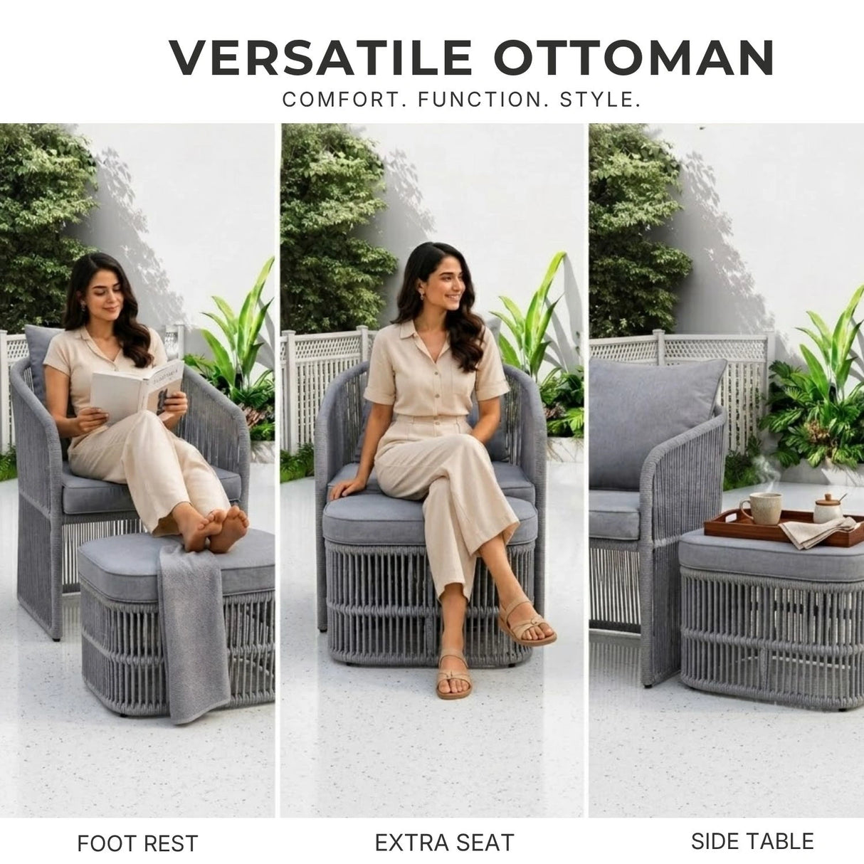 Outdoor 3 Piece Rope Patio Sofa Set (Grey)