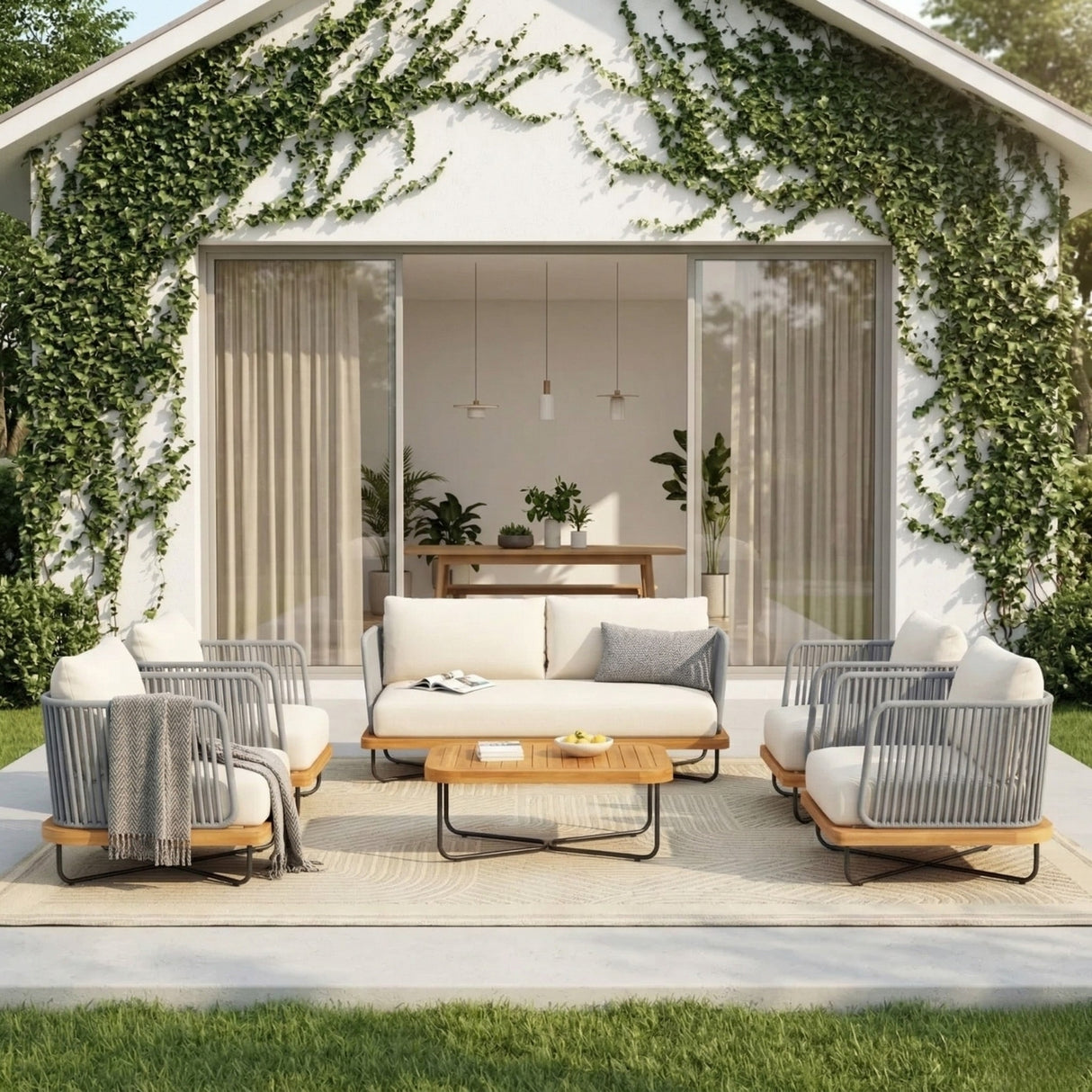 Outdoor 6-Piece Rope Woven Conversation Sofa Set with Wooden Top Table