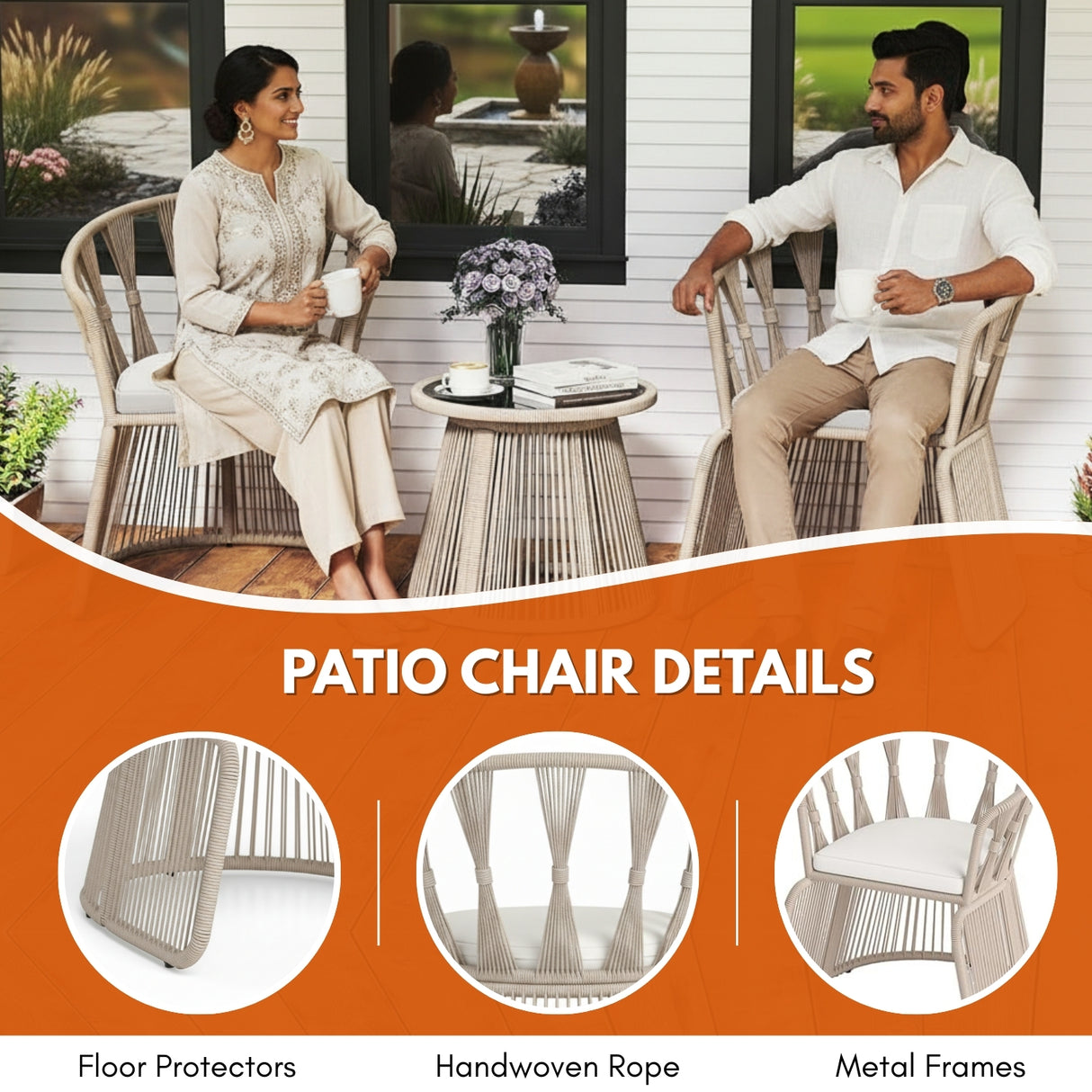 Outdoor Rope 3-Piece Patio Set (Beige & Off-White)