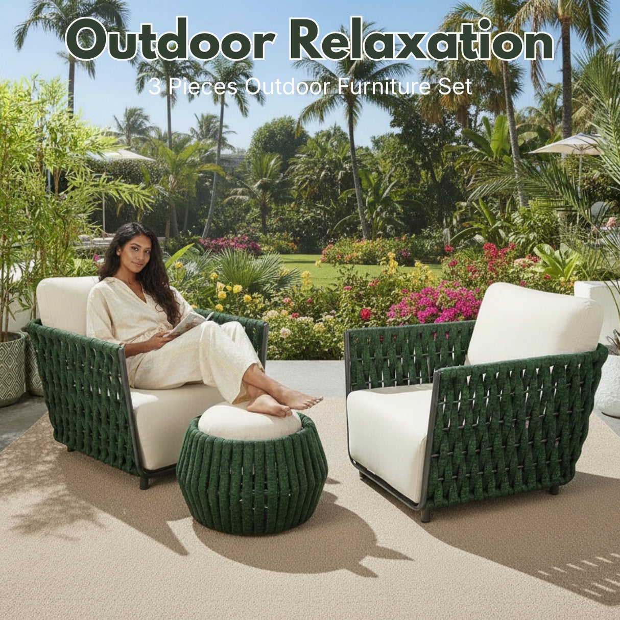 Outdoor Rope 3-Piece Patio Sofa Set (Green & Off-White)