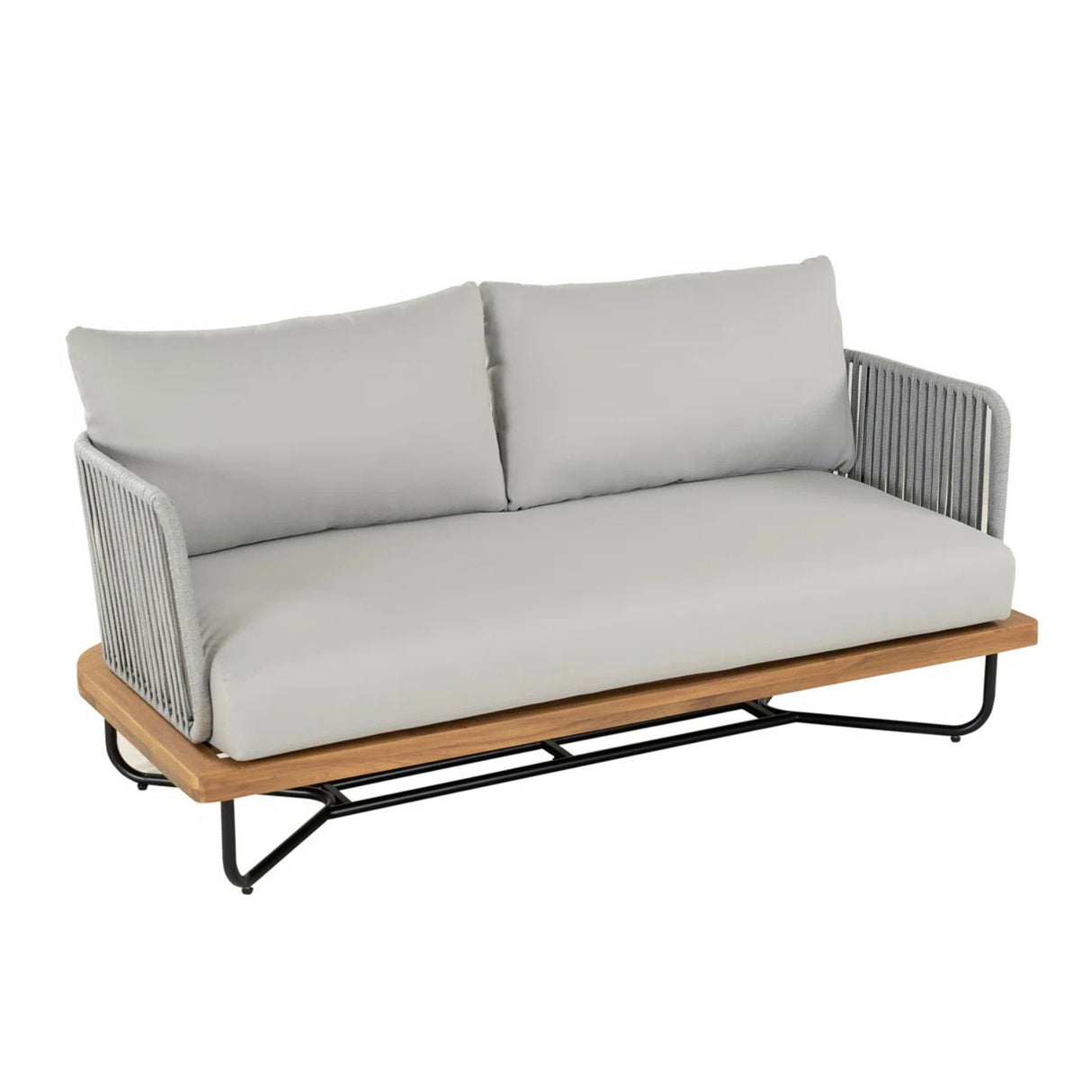 Outdoor Rope 2-Seater Sofa Set with Wooden Base & Slatted Wooden Coffee Table