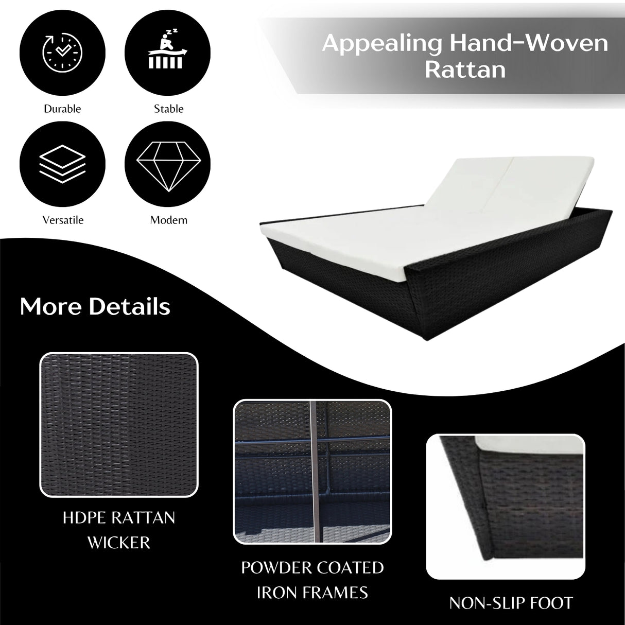 Outdoor Wicker Patio Double Seater Recliner Daybed