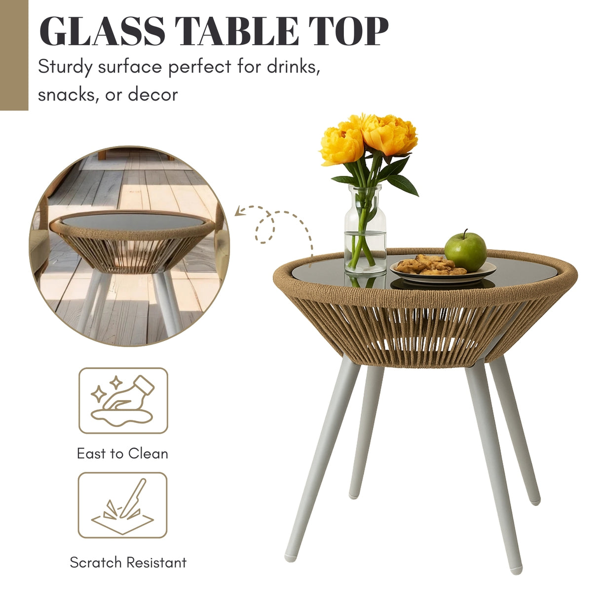 Outdoor Rope 3-Piece Patio Set (Beige & Dark Cream)