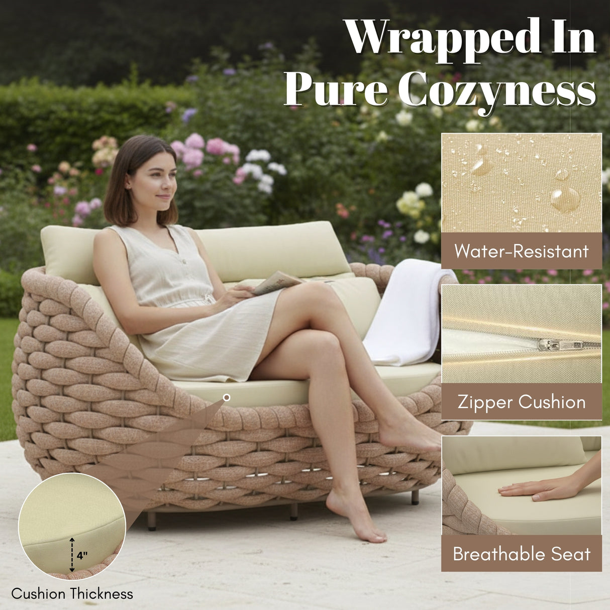 4 Piece Outdoor Rope Sofa Set (Beige & Cream)