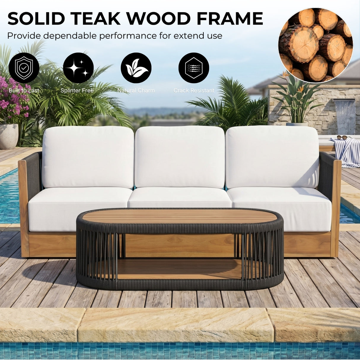 Outdoor Teak Wood Rope 3 Seater Sofa Set with 2-Tier Center Table