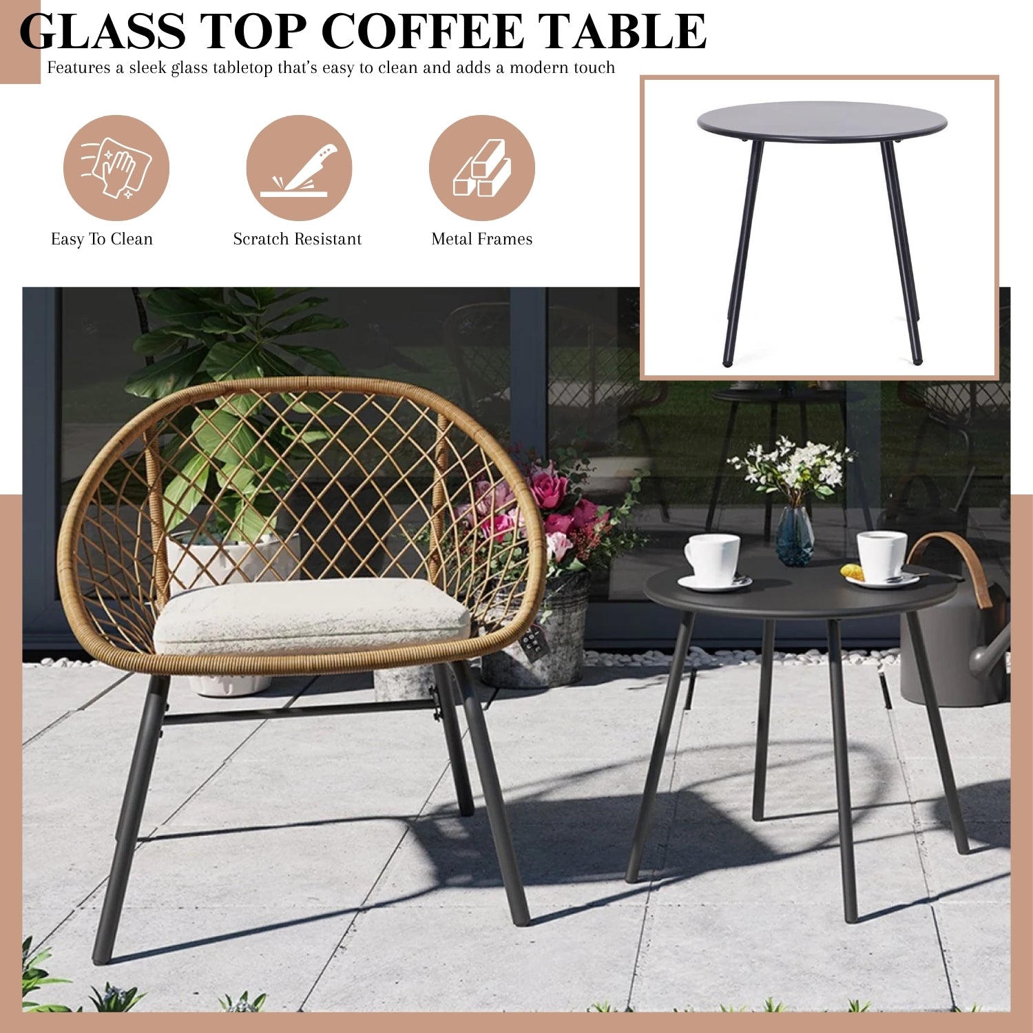 Outdoor Wicker 3-Piece Patio Set (Beige & White)