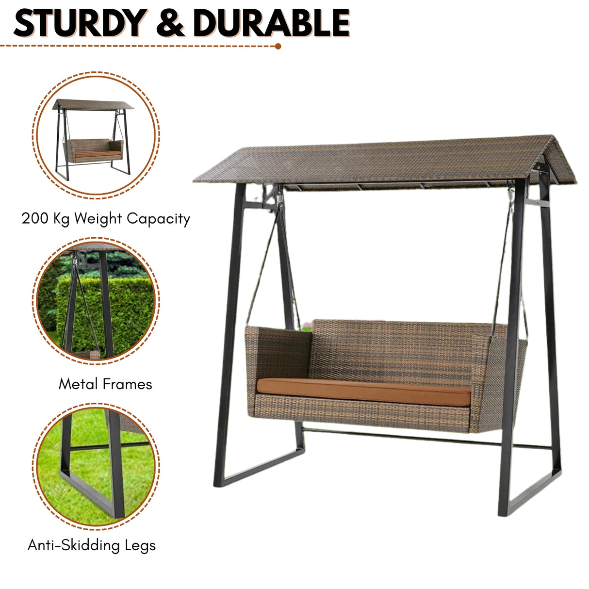 All Weather Wicker 2-Seat Patio Swing Chair with Shade & Cushions