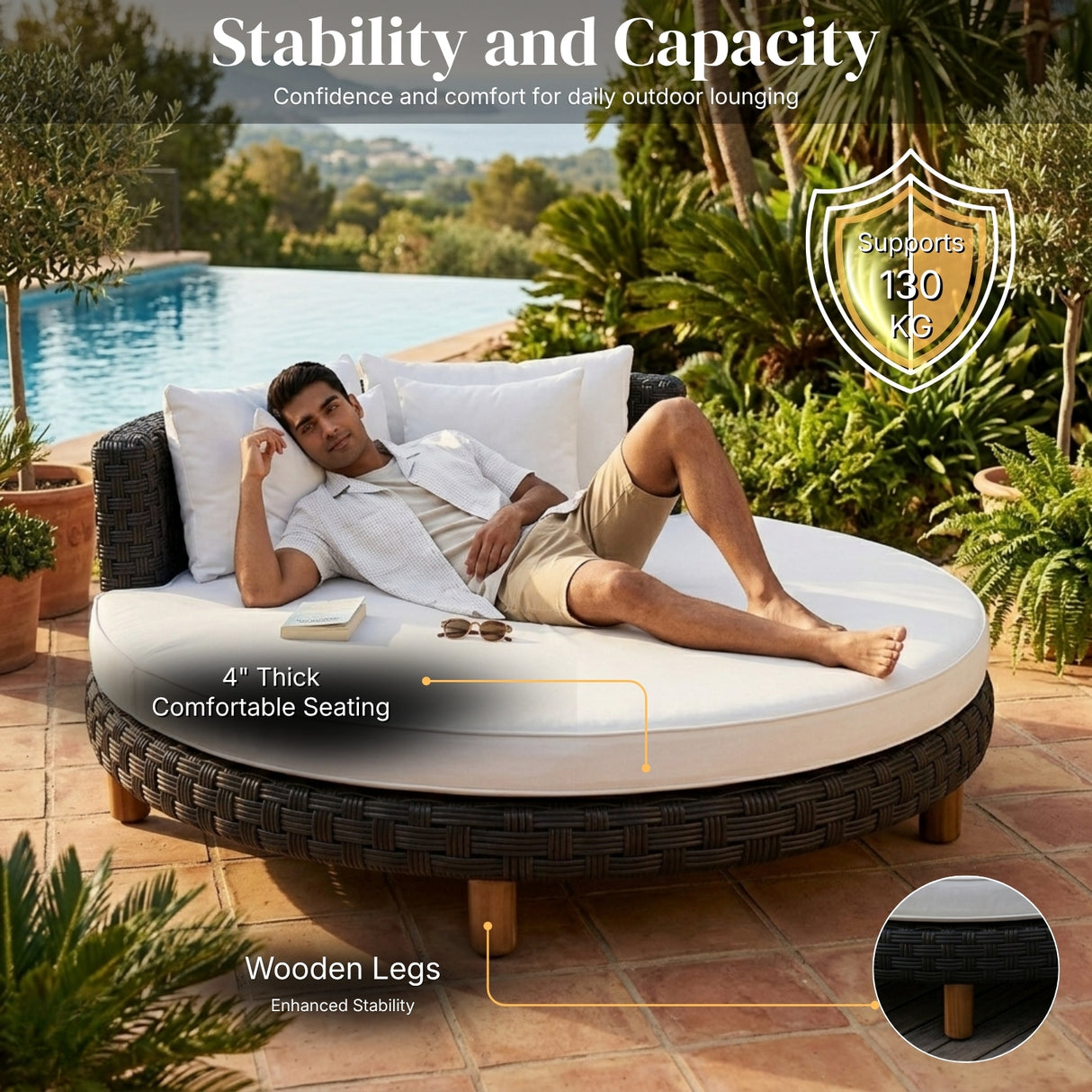 Outdoor All-Weather Rattan Wicker Round Daybed (Black & White)
