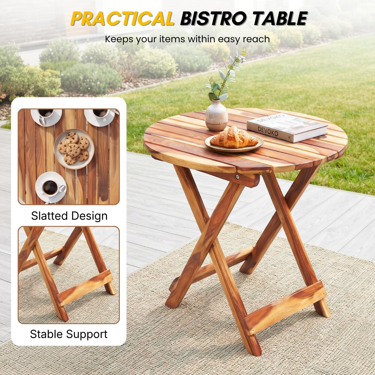 Acacia Wood Foldable Outdoor Bistro Set – 2 Chairs & Round Table